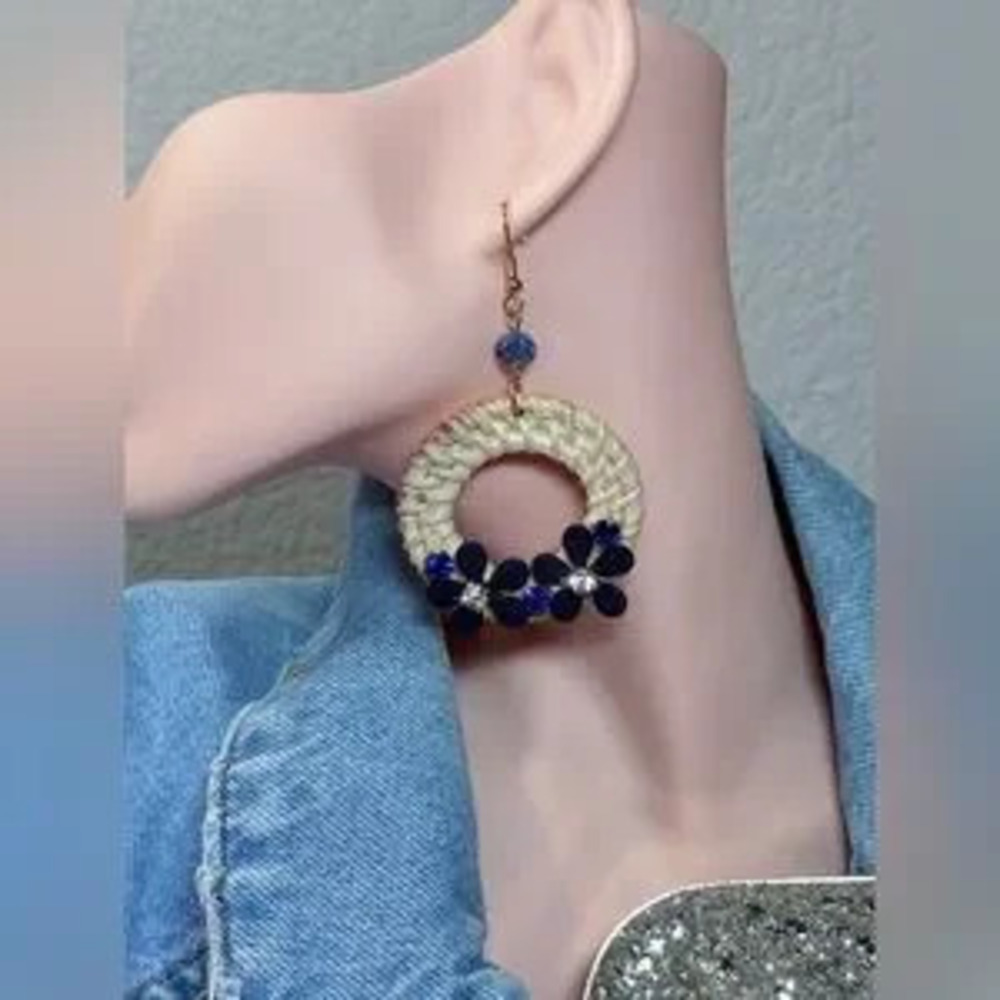 Boho Rattan Earrings | Blue Flower Statement Jewelry ( used )